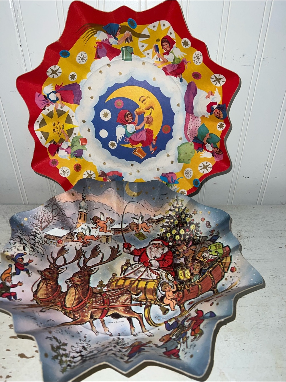 2 Vintage Germany Christmas cookie cardboard fluted trays bowl plate